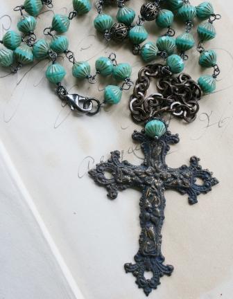 Vintage Cathedral Beads and Cross Necklace - The Miranda Necklace-necklace, vintage, brass, vintage cathedral beads, cross, turqoise, christian, wholesale, tippy stockton