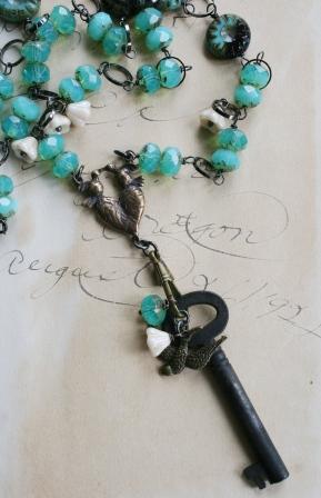 Birdsong Necklace-necklace, wirewrapped, long, green, aqua, key, bird, oxidized sterling silver, brass, whimsical, feminine, springtime, wholesale, tippy stockton