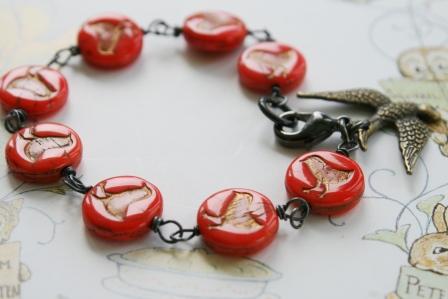Vintage Glass Beads . Petite Femme . Childrens Jewelry . Robin Bracelet in Coral/Red-bracelet, petite femme, childrens jewelry, robin, bird, coral/red, whimsical, sweet, tippy stockton 