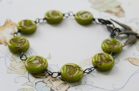 Vintage Glass Beads . Petite Femme . Childrens Jewelry . Robin Bracelet in Olive-bracelet, petite femme, childrens jewelry, wirewrapped, olive, bird, robin, whimsical, sweet, tippy stockton 