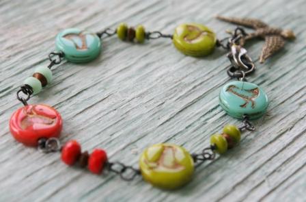 Vintage Glass Beads . Petite Femme . Childrens Jewelry . Robin Bracelet Multi-colored-bracelet, child, girl, petite, femme, robin, vintage glass, bird motif, oxidized sterling silver, tippy stockton 
