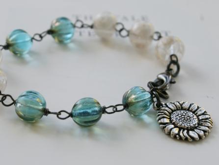 Vintage Glass - Petite Femme . Childrens Jewelry . Daisy Bracelet-bracelet, wirewrapped, oxidized sterling silver, daisy, blue/green, white, vintage glass, petite femme, whimsical, sweet, childrens jewelry, tippy stockton 