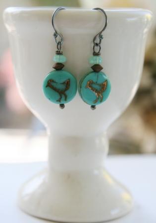 Vintage Glass . Petite Femme . Childrens Jewelry . Robin Earrings-earrings, dangle, oxidized sterling silver earwire, vintage glass, brass, whimsical, petite femme, tippy stockton 