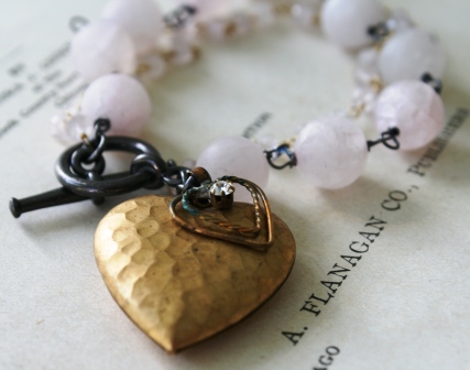 The Marielle Bracelet-bracelet, wirewrapped, rose quartz, smooth, rounds, oxidized sterling silver, 14kt gold, hearts, vintage heart, rhinestone, feminine, pretty, mothers day, gift, wholesale, tippy stockton