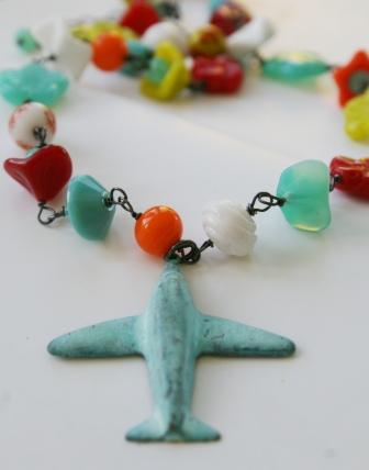 Vintage Glass Necklace . Petite Femme . Childrens Jewelry . The Traveler Necklace-necklace, petite femme, childrens jewelry, wirewrapped, vintage glass, flowers, bright colors, airplane, traveler, tippy stockton 