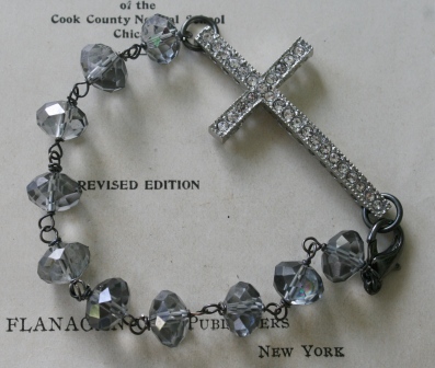 Blessed Bracelet in Grey-bracelet, wirewrapped, cross, crucifix, rhinestone, gray glass beads, oxidized sterling silver, tippy stockton, wholesale