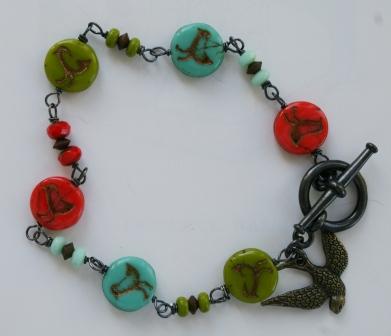 Vintage Glass Beads . Petite Femme  . Momma Robin Multi-colored Bracelet-bracelet, petite femme, wirewrapped, multi colored, cheerful, whimsical, oxidized sterling silver, tippy stockton 