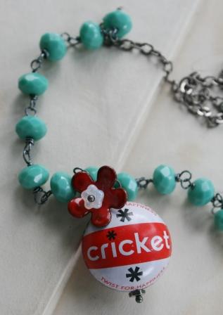 Vintage Bottle Cap Necklace . CRICKET Soda . RETRO . Vintage Glass-necklace, vintage soda pop cap, enamel flower, aqua, summertime, twist for happiness, cricket soda, retro, wholesale, tippy stockton 