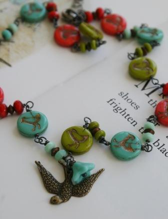 Vintage Glass Robin Necklace . PETITE FEMME . Children's Jewelry . Robin Necklace-necklace, vintage, bird motif, petite femme, childrens jewelry, sweet, whimsical, multi colored, girl, child, wholesale, tippy stockton 