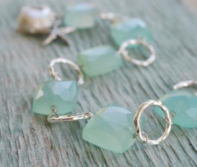 Sea Blue Chalcedony . LA Mer . Sterling Silver . Wave Bracelet-bracelet, wirewrapped, sterling silver, sea blue chalcedony, rings, starfish, shell, summertime, aqua, wave, wholesale, tippy stockton 