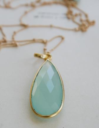 Sea Blue Chalcedony Drop Necklace . tippy stockton . LaMer . Belize . 14kt. Gold Filled  Necklace-necklace, la me, belize, sea blue chalcedony, aqua, blue, ocean, tear drop shape, 14kt gold chain, satellite chain, summertime, tippy stockton, wholesale 
