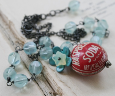 Raspberry Soda Vintage Bottlecap Necklace-necklace, wirewrapped, red, white, aqua, enamel metal flower, vintage glass, vintage bottle cap, raspberry soda, summertime, oxidized sterling silver, fun, feminine, wholesale, tippy stockton