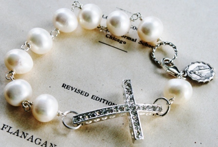 Blessed Bracelet in Fresh Water Pearl-bracelet, wirewrapped, cross, sterling silver, rhinestone, religious, virgin mary charm, fresh water pearl, plump, creamy white, lovely, wholesale, tippy stockton 