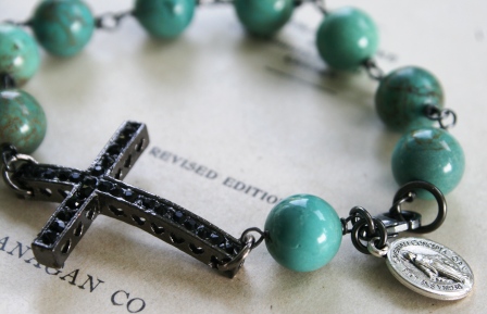 Blessed Bracelet in Turquoise-bracelet, wirewrapped, blessed, turquoise, cross, rhinestone, religious, virgin mary charm, oxidized sterling silver, feminine, lovely, wholesale, tippy stockton 