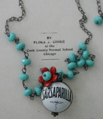 Sarsasparilla Vintage Bottlecap Necklace-necklace, wirewrapped, vintage soda cap pendant, red enamel flower, aqua vintage glass, oxidized sterling silver, summertime, fun, feminine, wholesale, tippy stockton 