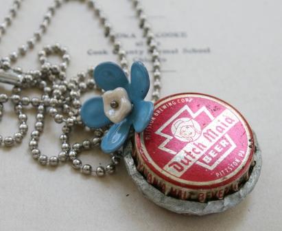 R E T R O - DutchMaid Bottlecap Necklace-necklace, ball chain, vintage beer cap, dutch maid, enamel flower, glass bead, vintage, wholesale, tippy stockton