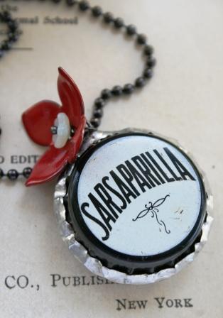 R E T R O - Sarsasparilla Vintage Bottlecap Necklace-necklace, vintage bottlecap, sarsasparilla soda, enamel, ball chain, retro, vintage, red, black, white, wholesale, tippy stockton 