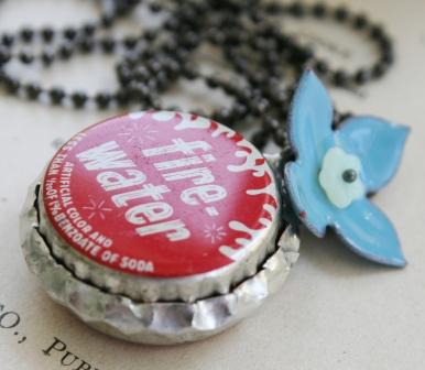 R E T R O - FireWater Vintage Bottlecap Necklace-necklace, vintage bottlecap, red, blue, white, ball chain, retro, vintage, enamel, vintage glass, wholesale, tippy stockton