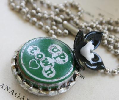 R E T R O - Vintage Up Town Bottlecap Necklace-necklace, vintage bottlecap, Up town, green, black, white, vintage, enamel, vintage glass, ball chain, wholesale, tippy stockton 