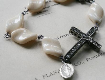 Blessed Bracelet in Vintage Cream-bracelet, wirewrapped, cross, vintage glass, cream color, oxidized cross, rhinestones, religious, feminine, wholesale, tippy stockton 