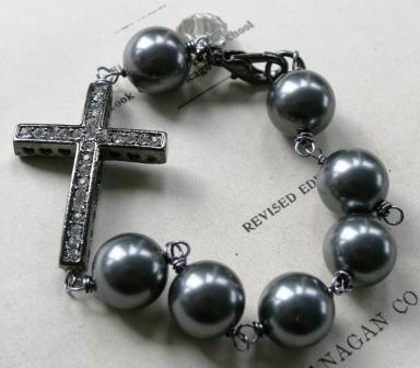 Blessed Bracelet in Gray Pearl-bracelet, religious, cross, gray, glass pearl, rhinestone, oxidized sterling silver, religious medal, wholesale, tippy stockton