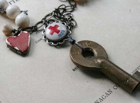 Vintage Red Cross Tag Necklace-necklace, red cross, vintage railroad key, vintage painted heart locket, vintage tag, basemetal, wholesale, tippy stockton 