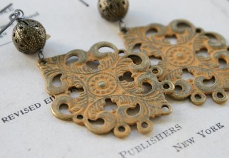 Ginger Filigree Earrings-earrings, filigree, spice, gold, oxidized sterling silver earwires, handpainted, fall, autumn, wholesale, tippy stockton 