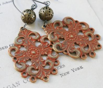 Spice Filigree Earrings-earrings, filigree, spice, pumpkin, fall, brass, handpainted, oxidized sterling silver earwires, wholesale, tippy stockton 