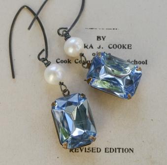 Cornflower Blue JEWELTONE Earrings-earrings, oxdized sterling silver, fresh water pearl, vintage cabochon, cornflower blue, feminine, wholesale, tippy stockton