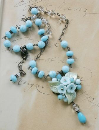 Vintage Brooch, Vintage Glass Beads, Necklace - The Greta Necklace-necklace, wirewrapped, vintage glass, vintage rhinestone spacers, vintage brooch, oxidized sterling silver, summertime, greta, simple, fun, feminine, wholesale, tippy stockton 