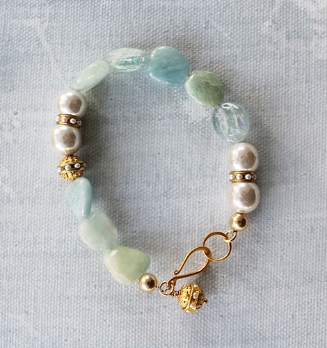 Vintage Glass Pearls and Aquamarine Bracelet - The Mara Bracelet