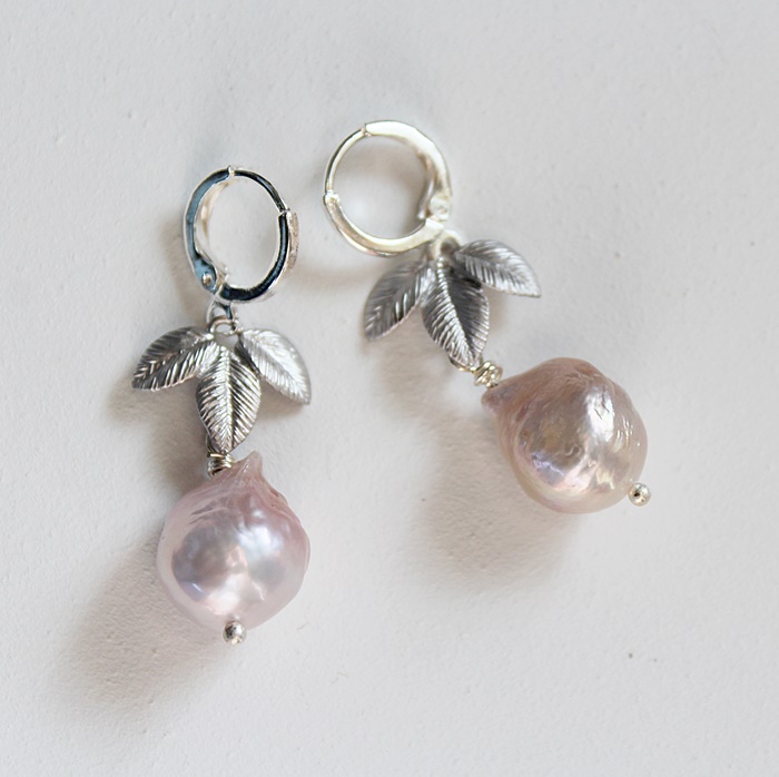 Silver Leaf and Baroque Pearl Earrings - The Begonia Earrings