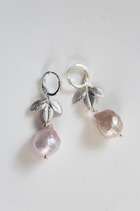 Silver Leaf and Baroque Pearl Earrings - The Begonia Earrings