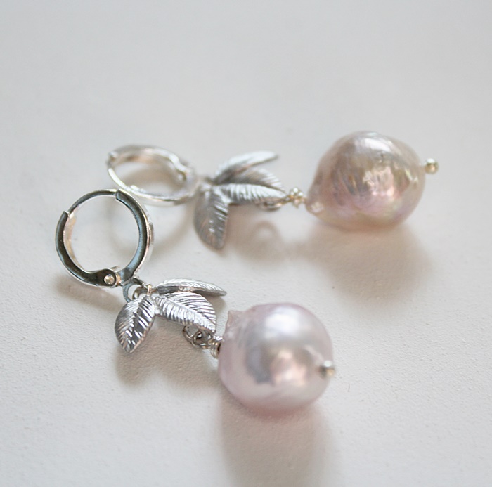 Silver Leaf and Baroque Pearl Earrings - The Begonia Earrings