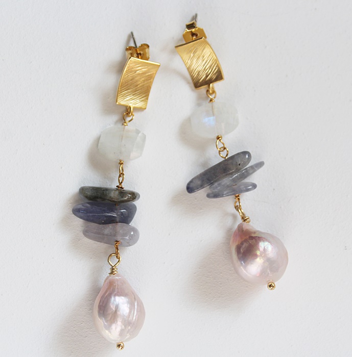 Iolite, Baroque Pearl, and Moonstone Post Earrings - The Julianne Earrings