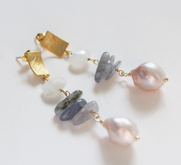 Iolite, Baroque Pearl, and Moonstone Post Earrings - The Julianne Earrings