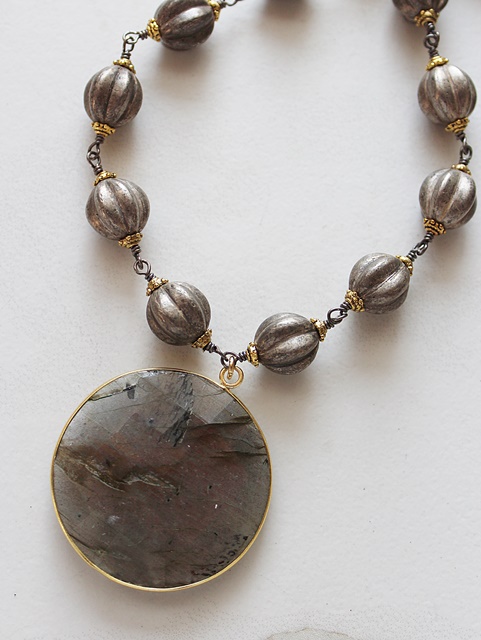Gunmetal Czech Glass with Round Labradorite Pendant - The Lara Necklace