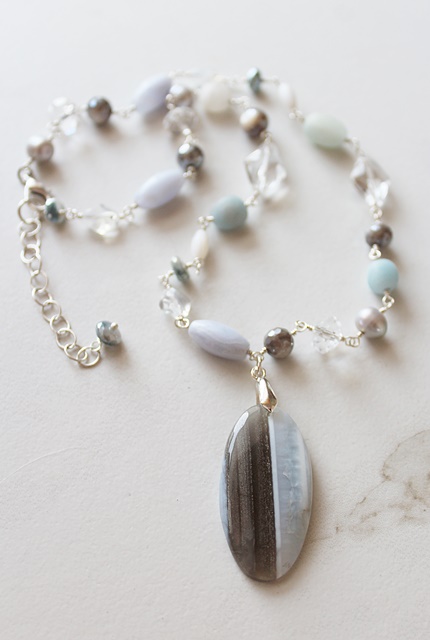 Blue Opal Pendant on Gemstone wirewrapped Necklace - The Blaire Necklace