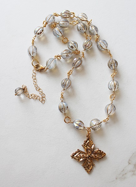 Czech Glass and Gold Cross Necklace - The Faith Necklace