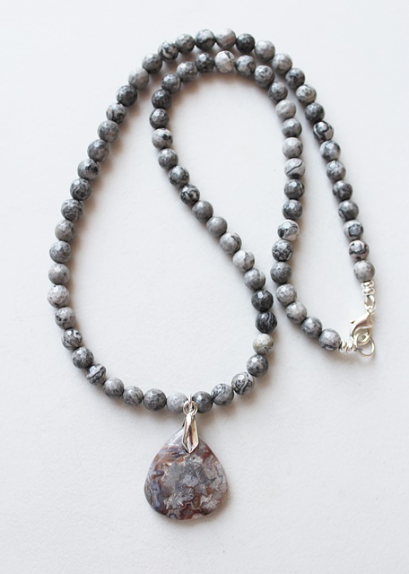 Agate Pendant and Hawkeye Beaded Necklace - The Maureen Necklace