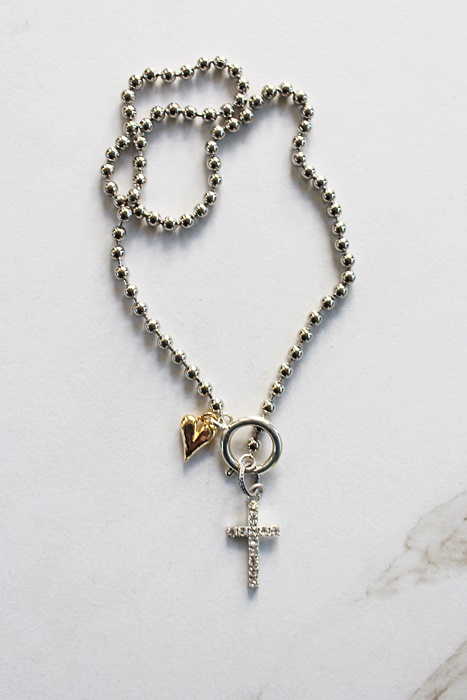 Sterling Silver Clad Ball Chain with Vintage Rhinestone Cross and Gold Heart Necklace - The Hope Necklace