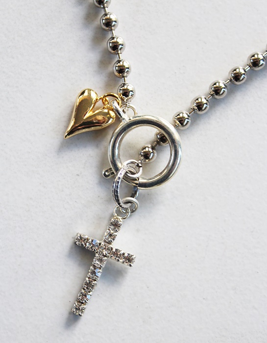 Sterling Silver Clad Ball Chain with Vintage Rhinestone Cross and Gold Heart Necklace - The Hope Necklace