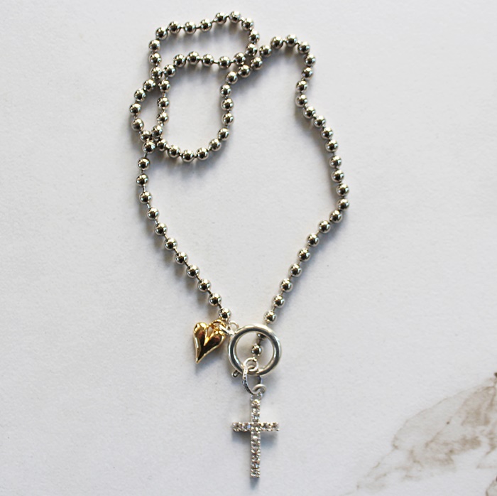 Sterling Silver Clad Ball Chain with Vintage Rhinestone Cross and Gold Heart Necklace - The Hope Necklace