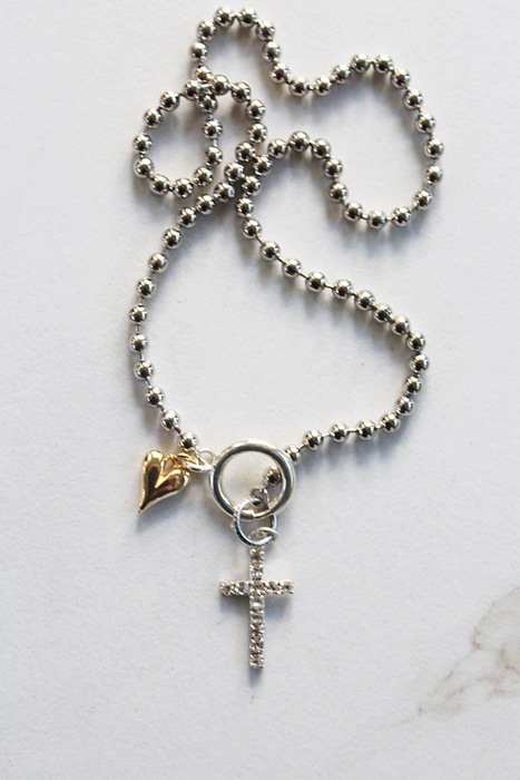 Sterling Silver Clad Ball Chain with Vintage Rhinestone Cross and Gold Heart Necklace - The Hope Necklace