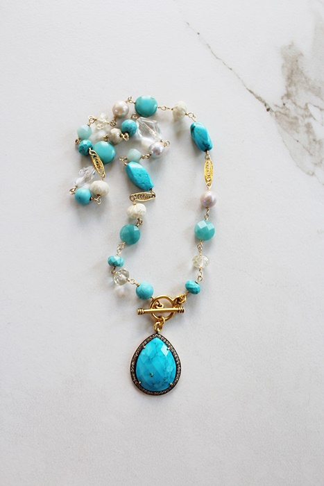 Mixed Turquoise and Glass with CZ Pendant - The Lexi Necklace