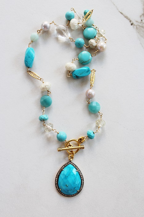 Mixed Turquoise and Glass with CZ Pendant - The Lexi Necklace