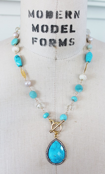 Mixed Turquoise and Glass with CZ Pendant - The Lexi Necklace