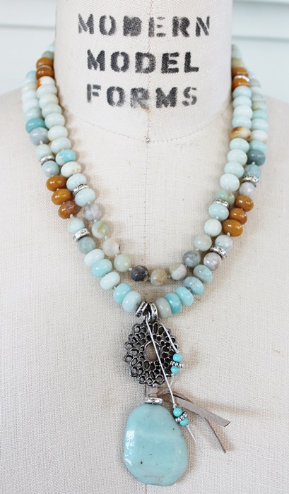 Amazonite and Agate Long Layering Necklace - The Amelia Necklace