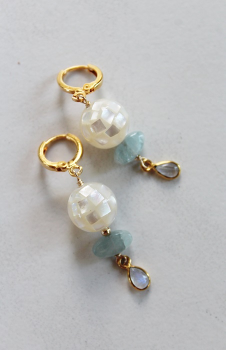 Mother of Pearl, Aquamarine, and Moonstone Drop Earrings - The Anne Marie Earrings