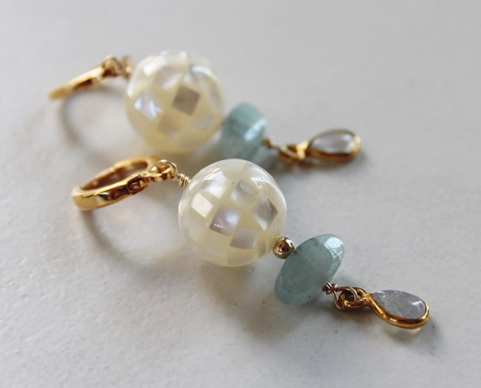 Mother of Pearl, Aquamarine, and Moonstone Drop Earrings - The Anne Marie Earrings
